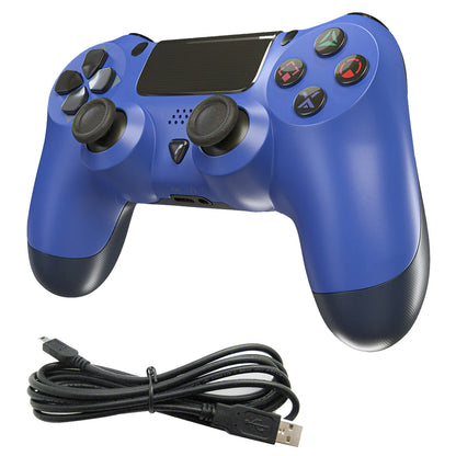 XYAB brand 1-to-1 third-party wireless controller for PlayStation 4 in blue featuring analog sticks, action buttons, shoulder buttons, and ergonomic design