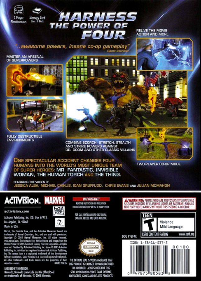 Fantastic 4 back of case for GameCube (GC) action-adventure superhero video game