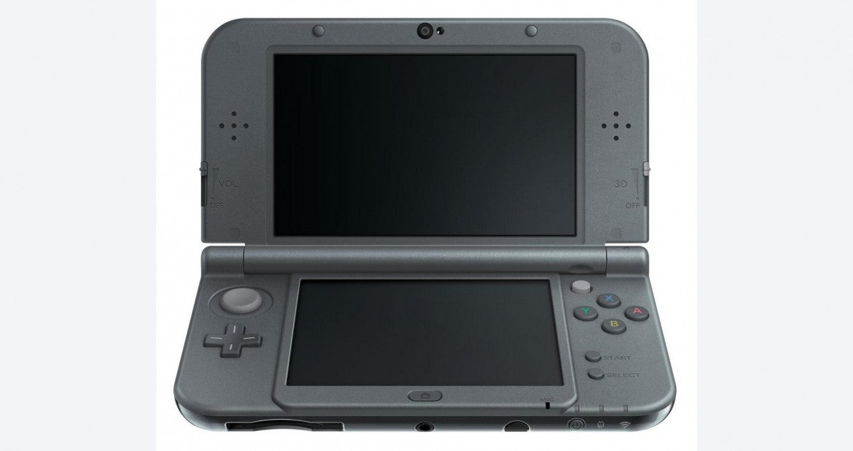 Grey New Nintendo 3DS XL inspired design featuring premium handheld gaming console aesthetic metallic gray finish larger dual screens enhanced processing power portable Nintendo gaming experience glasses free 3D technology presentation
