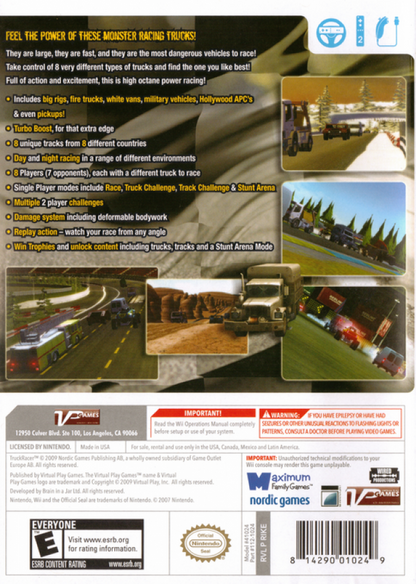 Truck Racer back cover art for Nintendo Wii (Wii) featuring high‑speed arcade racing with powerful trucks, customizable vehicles, and competitive track challenges.