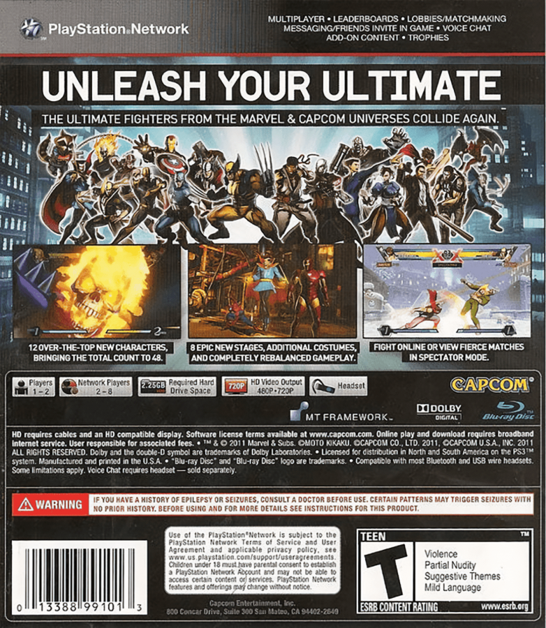 Ultimate Marvel vs. Capcom 3 back cover art for PlayStation 3 (PS3) video game
