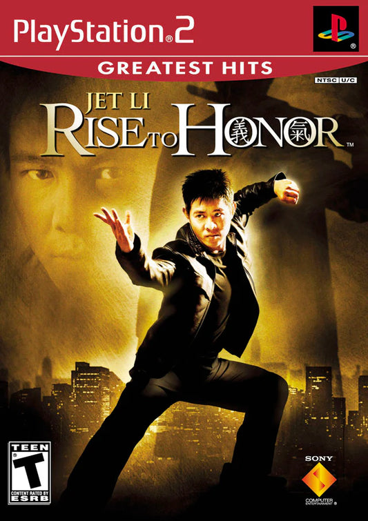 Rise to Honor Greatest Hits PlayStation 2 Jet Li first video game starring role Kit Yun undercover cop martial arts action analog stick combat system 360-degree fighting Corey Yuen choreography motion captured moves Hong Kong to San Francisco journey cinematic brawler environmental weapons adrenaline attacks Sony first-party exclusive front cover