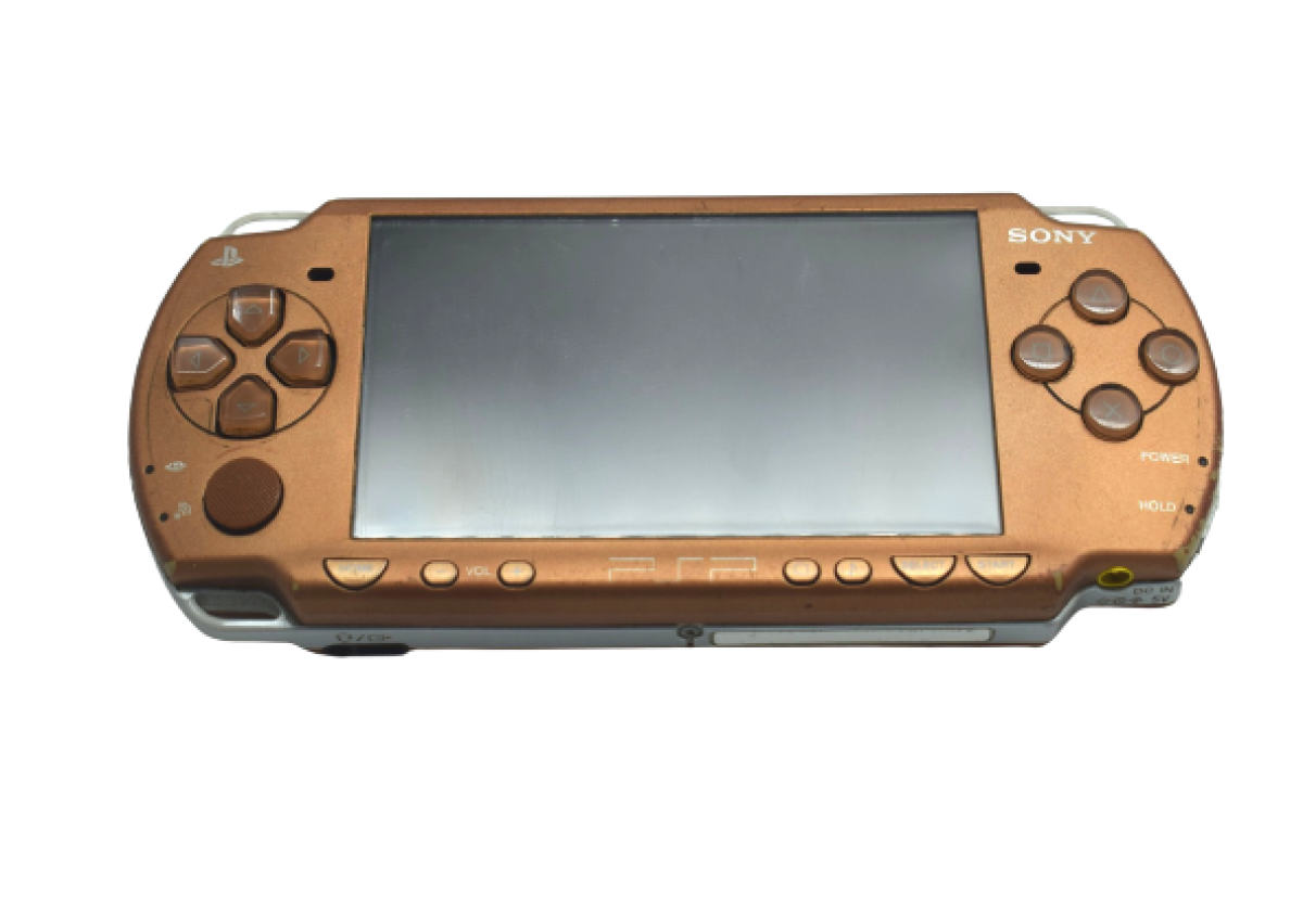 Bronze PlayStation Portable 2000 PSP 2000 handheld gaming console featuring metallic bronze finish portable Sony gaming UMD game support Memory Stick storage widescreen LCD display built-in controls rechargeable battery classic PSP hardware and collectible gaming appeal front of console 