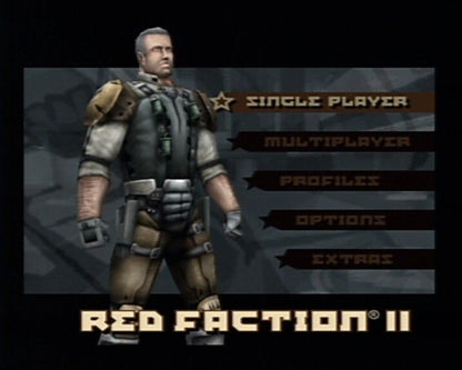 Red Faction II – PlayStation 2 (PS2) video game menu, first-person sci-fi shooter