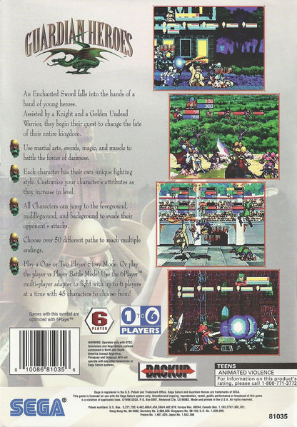 Guardian Heroes Sega Saturn action RPG beat em up hybrid Treasure Studios side scrolling combat branching story multiple endings magic combo system cooperative multiplayer arena battles retro gaming Sega Saturn software video game title back cover art