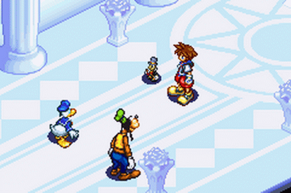 Kingdom Hearts Chain of Memories for Game Boy Advance, gameplay for an action role-playing video game with card-based combat, real-time battles, character progression, and Disney-inspired storyline