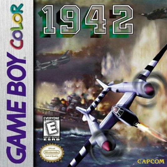 1942 Nintendo Game Boy Color GBC for vertical scrolling shoot em up retro video game fans featuring World War II aerial combat fighter aircraft intense arcade action enemy squadrons challenging missions classic handheld gaming collectible gaming appeal front cover art