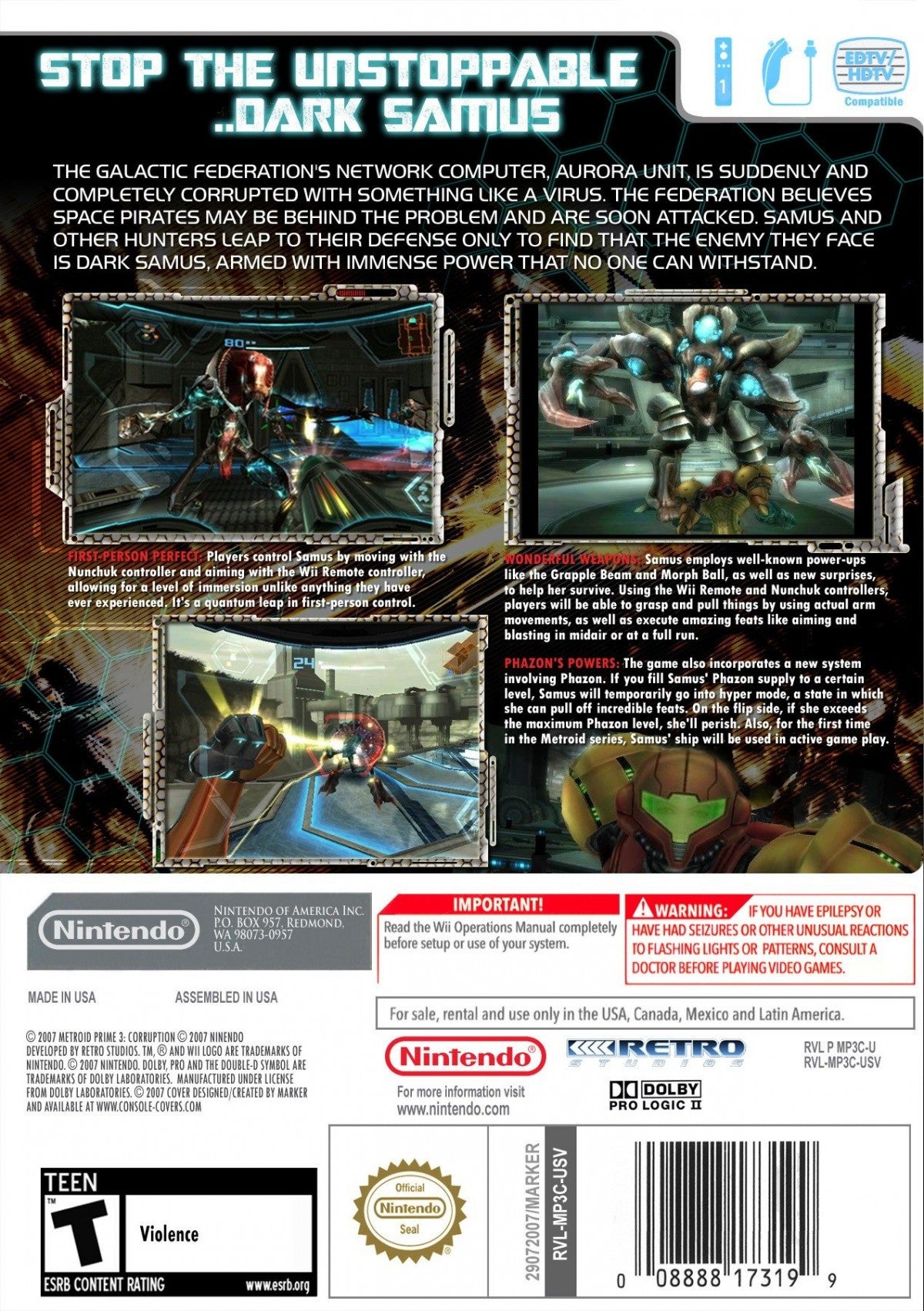 Metroid Prime 3: Corruption – Nintendo Wii (Wii) first-person action-adventure shooter video game gameplay back of case