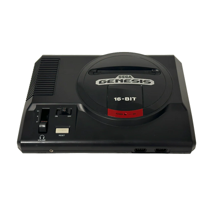Front angled view of a Sega Genesis Model 1 console showing the cartridge slot, volume slider with headphone jack, power and reset buttons, controller ports, and logo from a slight side perspective.
