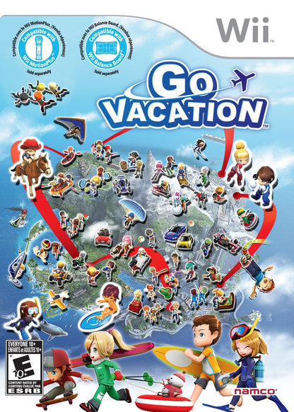 Go Vacation Nintendo Wii for family adventure sports video game fans featuring open world island exploration beach activities skiing snowboarding tennis horseback riding water sports mini games motion controls multiplayer gameplay and fun vacation themed entertainment collectible gaming appeal cover art