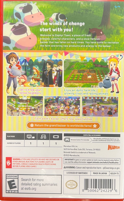 Story of Seasons Grand Bazaar Premium Edition Nintendo Switch 2 for farming simulation role playing video game fans featuring crop growing animal care fishing cooking crafting relationships seasonal festivals town development marketplace trading and Premium Edition collectible content gaming appeal game case back cover art