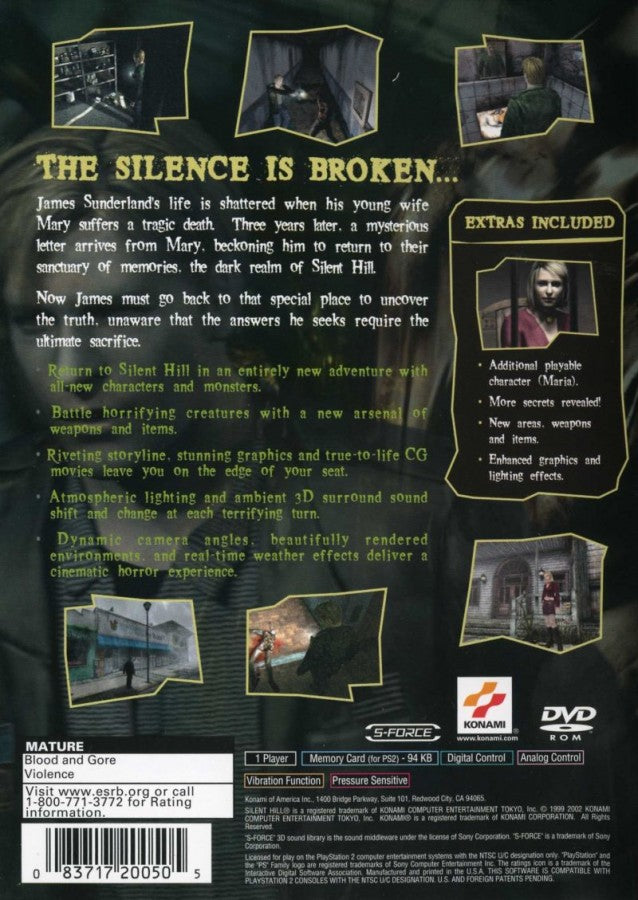 Silent Hill 2 Greatest Hits PS2 Sony PlayStation 2 survival horror game psychological horror exploration foggy town atmosphere disturbing story driven narrative puzzle solving combat Konami iconic horror classic retro gaming PlayStation 2 software video game title back cover art