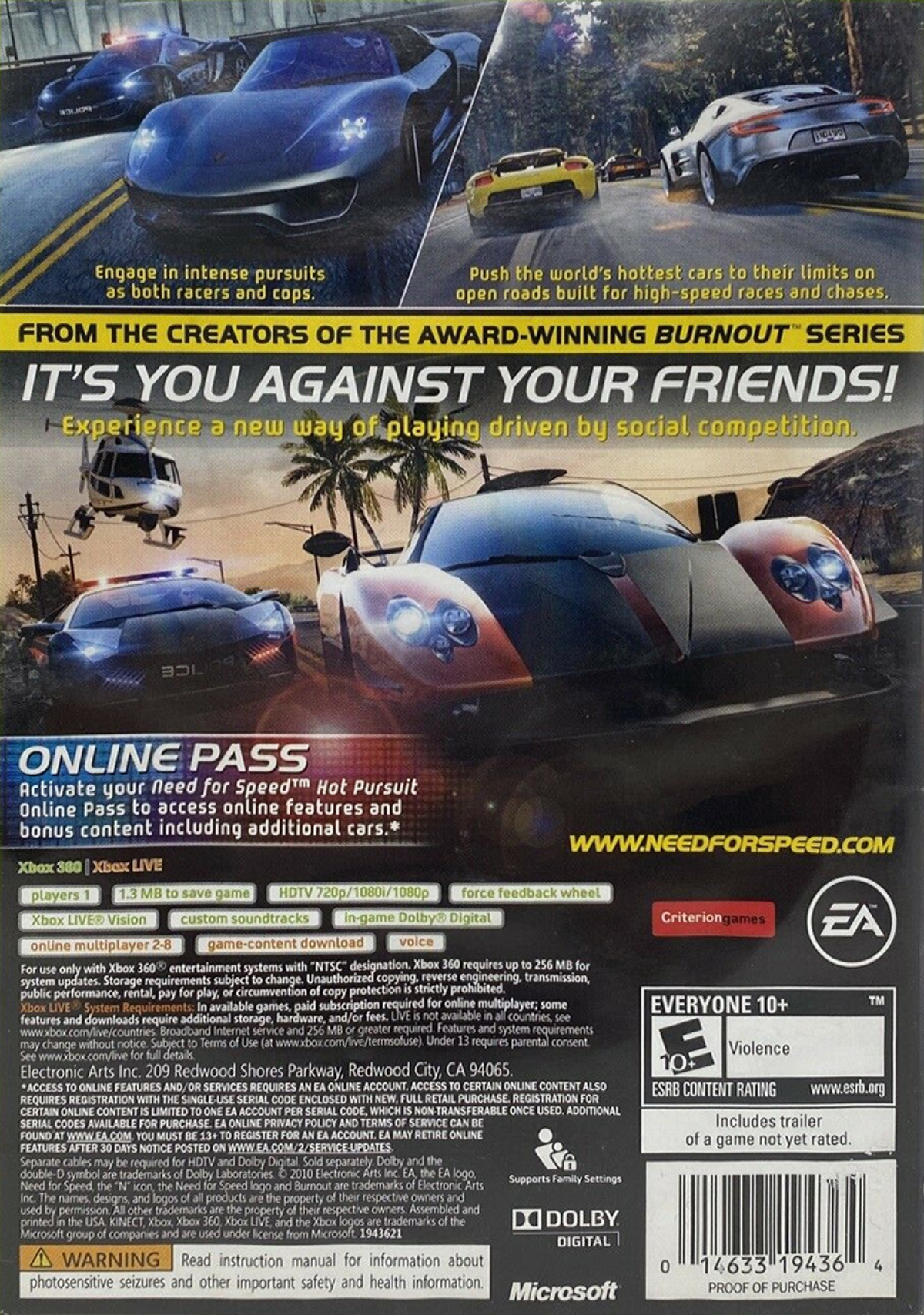 Need for Speed Hot Pursuit Xbox 360 video game, arcade racing action, high-speed police chases, multiplayer and online gameplay, console title back cover