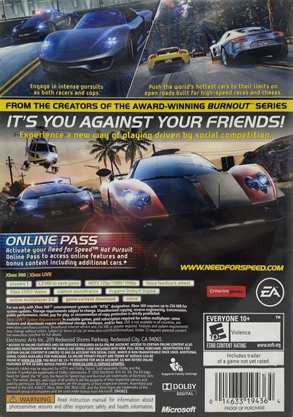 Need for Speed Hot Pursuit Xbox 360 video game, arcade racing action, high-speed police chases, multiplayer and online gameplay, console title back cover