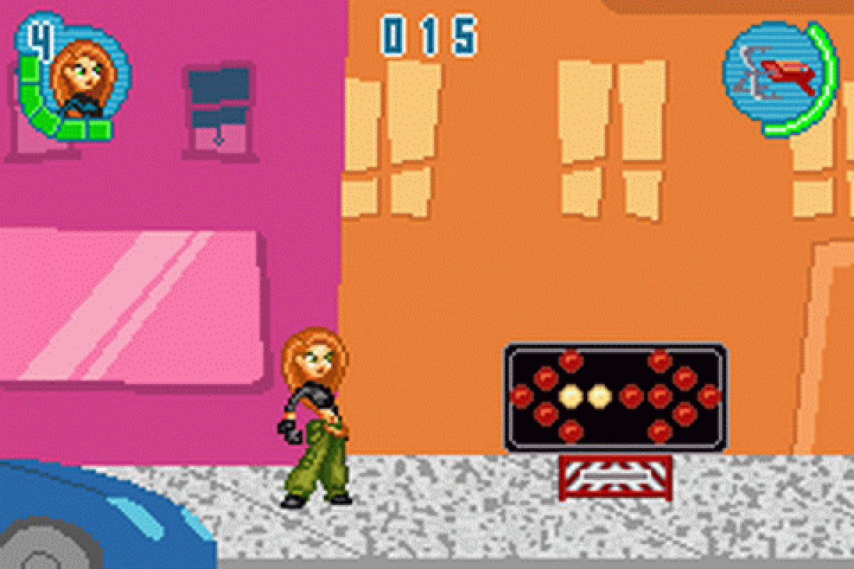 Disneys Kim Possible 2 Drakkens Demise for Game Boy Advance, gameplay for an action platformer video game with side-scrolling gameplay, stealth elements, character-based missions, and cartoon-style combat