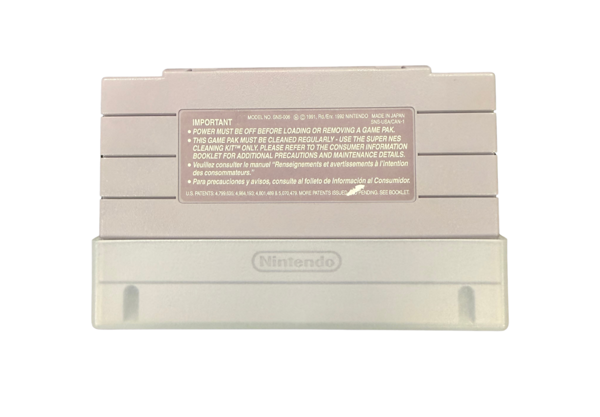 Super Turrican Super Nintendo Entertainment System SNES retro video game action platformer featuring futuristic combat powerful weapons alien enemies challenging levels explosive action classic 16 bit graphics Super Nintendo gaming experience retro game collection appeal back of cartride