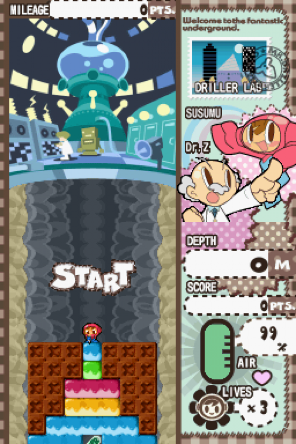 Mr Driller Drill Spirits for Nintendo DS, gameplay for a puzzle arcade video game with digging gameplay, falling block mechanics, fast-paced challenges, and classic score-based action
