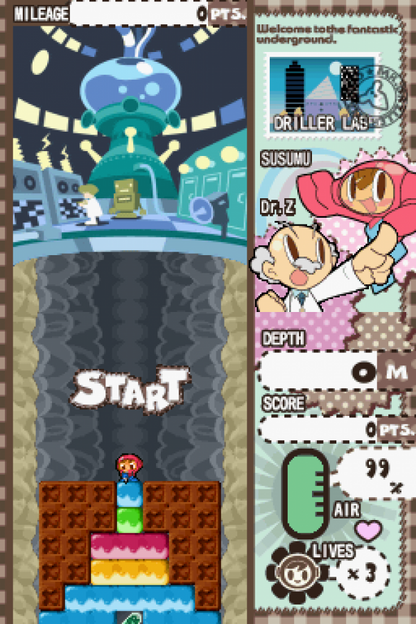 Mr Driller Drill Spirits for Nintendo DS, gameplay for a puzzle arcade video game with digging gameplay, falling block mechanics, fast-paced challenges, and classic score-based action