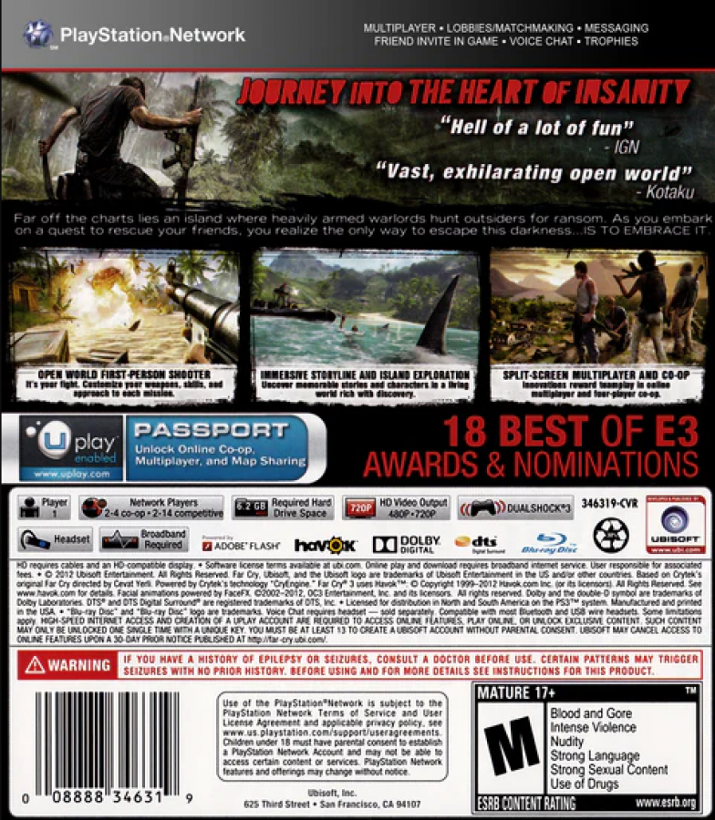Far Cry 3 for PlayStation 3 (PS3) featuring a gritty open-world shooter where you play as Jason Brody, fighting to rescue your friends from a lawless tropical island ruled by the psychotic Vaas Montenegro; hunt dangerous wildlife, liberate enemy outposts, and master stealth or explosive combat in a journey through the "Rook Islands" that defines the modern action-adventure genre back cover