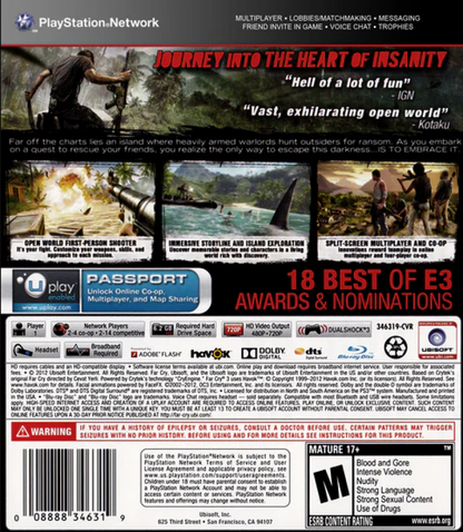Far Cry 3 for PlayStation 3 (PS3) featuring a gritty open-world shooter where you play as Jason Brody, fighting to rescue your friends from a lawless tropical island ruled by the psychotic Vaas Montenegro; hunt dangerous wildlife, liberate enemy outposts, and master stealth or explosive combat in a journey through the "Rook Islands" that defines the modern action-adventure genre back cover