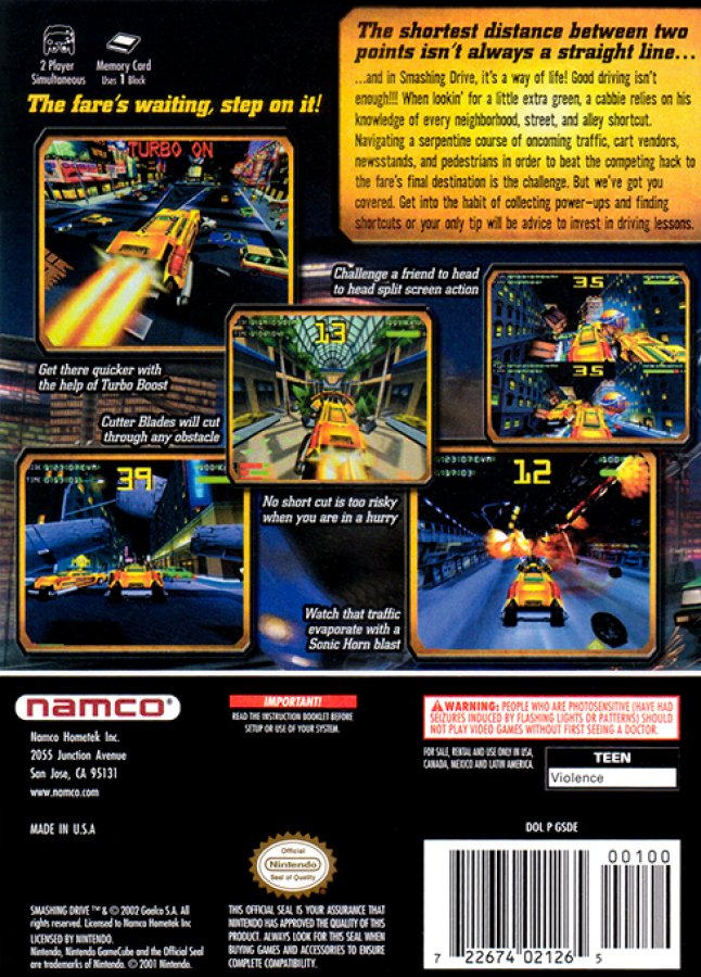 Smashing Drive back cover art for GameCube game featuring high-speed arcade racing action and destructive city driving gameplay