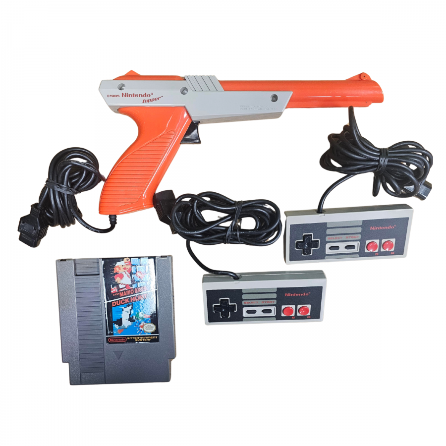 Nintendo Entertainment System NES Console Action Set CIB complete in box gaming system featuring the classic NES console controllers Zapper light gun game accessories original packaging home console setup classic Nintendo hardware and collectible retro gaming appeal NES Accessories & Game