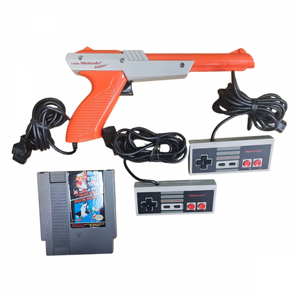 Nintendo Entertainment System NES Console Action Set CIB complete in box gaming system featuring the classic NES console controllers Zapper light gun game accessories original packaging home console setup classic Nintendo hardware and collectible retro gaming appeal NES Accessories & Game
