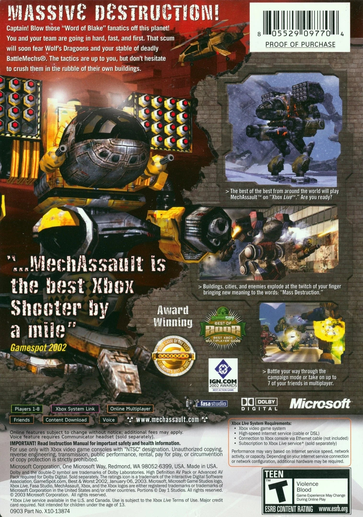 MechAssault Platinum Hits Xbox for retro video game enthusiasts featuring futuristic mech combat gameplay explosive battlefield action customizable battle machines multiplayer warfare missions sci fi military environments destructive weapon systems and collectible gaming appeal back cover