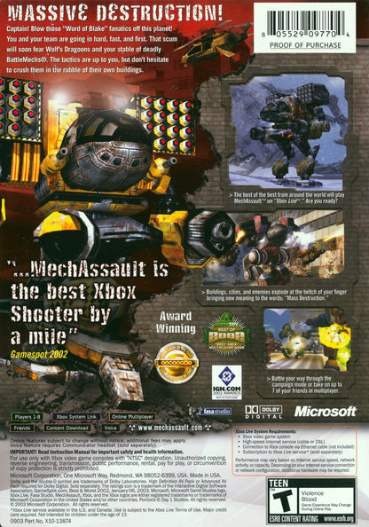 MechAssault Platinum Hits Xbox for retro video game enthusiasts featuring futuristic mech combat gameplay explosive battlefield action customizable battle machines multiplayer warfare missions sci fi military environments destructive weapon systems and collectible gaming appeal back cover