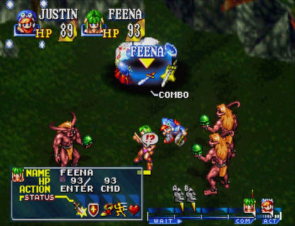 Grandia for PlayStation 1 classic JRPG featuring turn based battle system anime style story adventure exploration fantasy role playing gameplay 
