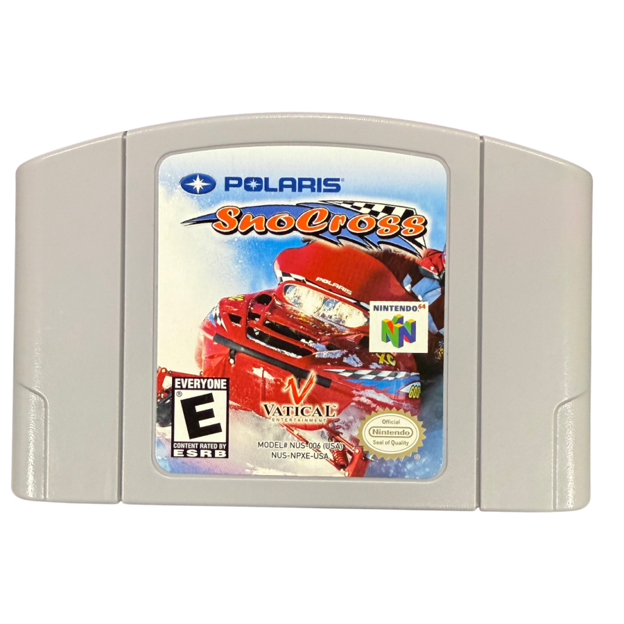 Polaris SnoCross Nintendo 64 N64 for snowmobile racing video game fans featuring high speed snocross racing icy tracks snow covered environments Polaris snowmobiles stunt jumps challenging courses vehicle control and arcade style racing gameplay collectible retro Nintendo 64 gaming appeal front of cartridge