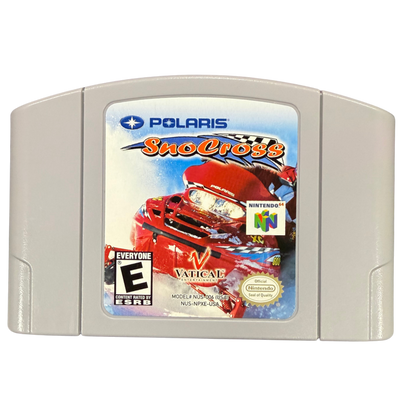 Polaris SnoCross Nintendo 64 N64 for snowmobile racing video game fans featuring high speed snocross racing icy tracks snow covered environments Polaris snowmobiles stunt jumps challenging courses vehicle control and arcade style racing gameplay collectible retro Nintendo 64 gaming appeal front of cartridge