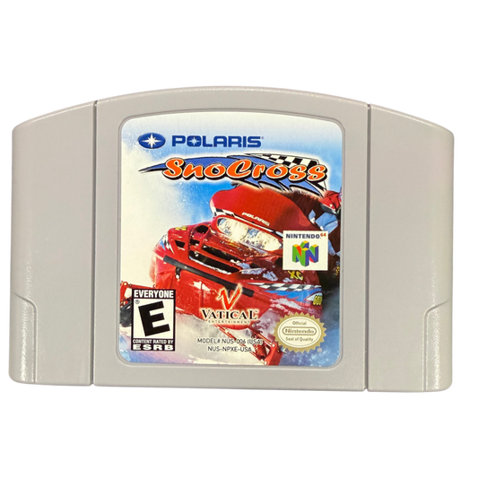Polaris SnoCross Nintendo 64 N64 for snowmobile racing video game fans featuring high speed snocross racing icy tracks snow covered environments Polaris snowmobiles stunt jumps challenging courses vehicle control and arcade style racing gameplay collectible retro Nintendo 64 gaming appeal front of cartridge