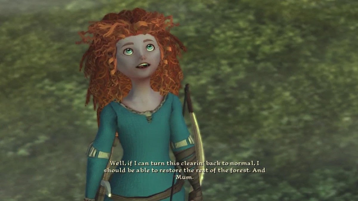 Disney Pixar Brave Nintendo Wii game featuring action adventure gameplay based on the Brave film with Merida using archery sword combat puzzle solving cooperative play and story driven levels set in a magical Scottish world gameplay