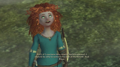 Disney Pixar Brave Nintendo Wii game featuring action adventure gameplay based on the Brave film with Merida using archery sword combat puzzle solving cooperative play and story driven levels set in a magical Scottish world gameplay
