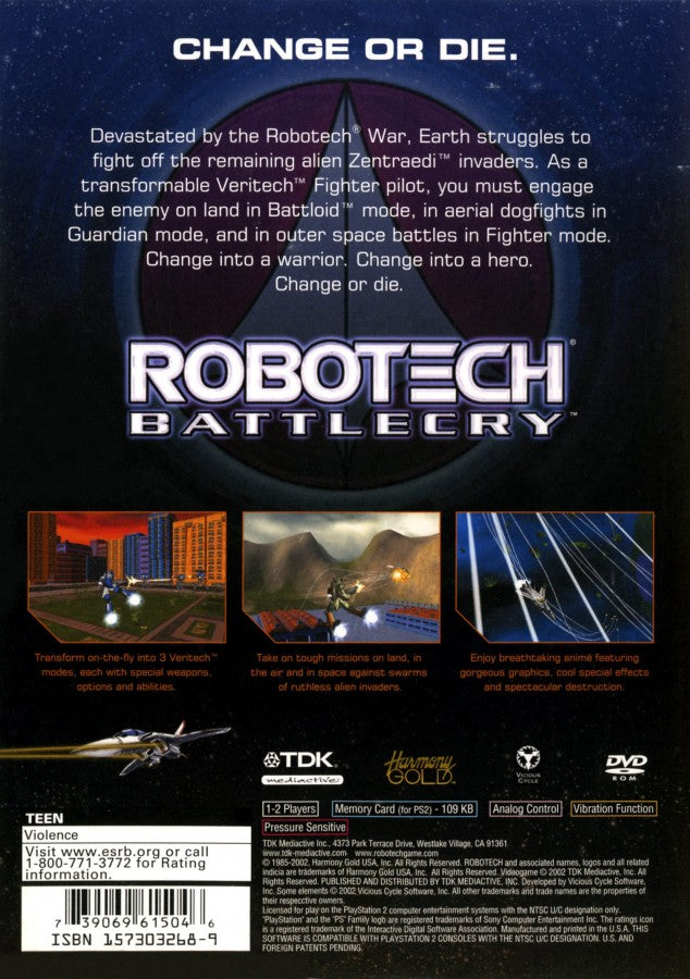 Robotech Battlecry Limited Edition Complete in Box PlayStation 2 PS2 for retro video game enthusiasts featuring sci fi action gameplay transforming mecha combat aerial dogfights story driven missions anime inspired warfare futuristic weapon systems complete in box collector presentation and collectible gaming appeal game back cover art 