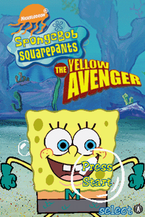 SpongeBob SquarePants: Yellow Avenger action adventure cartoon start screen for Nintendo DS (DS) video game