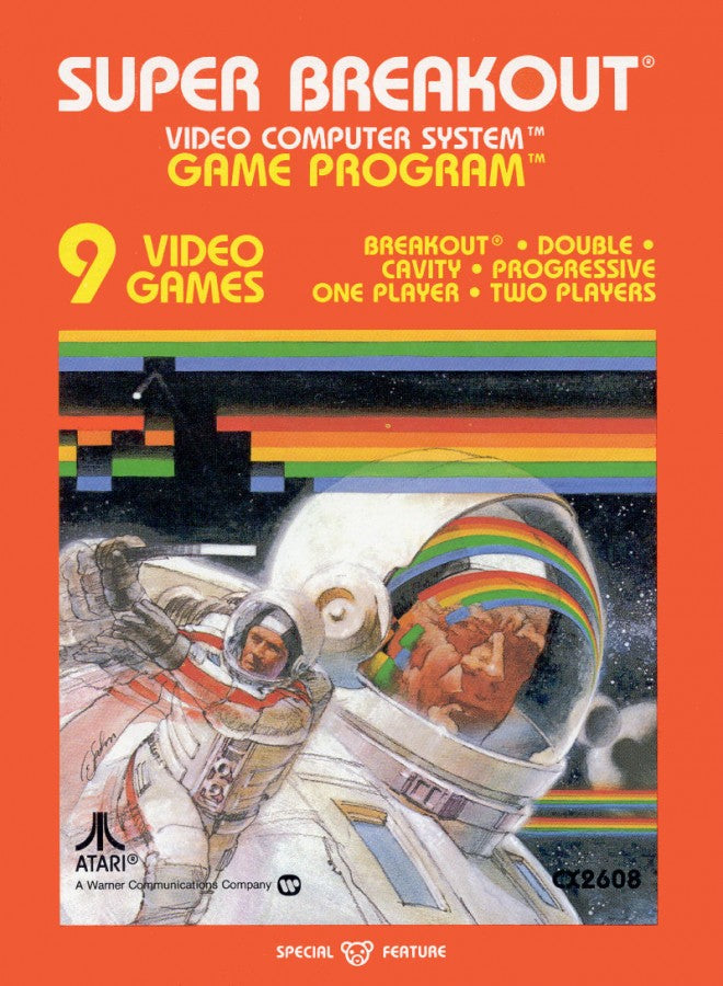 Super Breakout retro Atari 2600 video game featuring arcade brick breaker gameplay, paddle ball action, multiplayer challenges and classic Atari entertainment - front cover