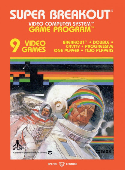 Super Breakout retro Atari 2600 video game featuring arcade brick breaker gameplay, paddle ball action, multiplayer challenges and classic Atari entertainment - front cover