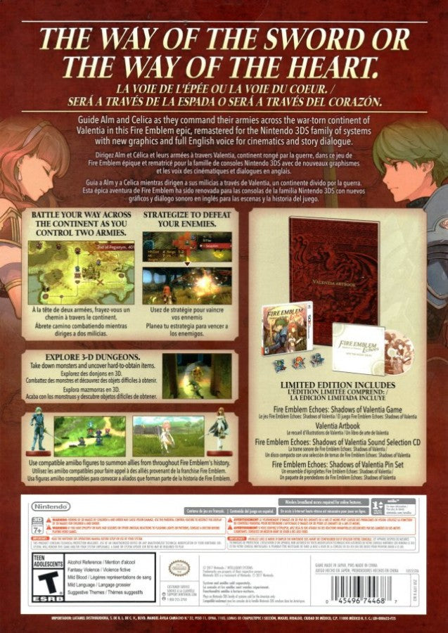 Fire Emblem Echoes Shadows of Valentia Limited Edition Nintendo 3DS for tactical role playing video game fans featuring turn based strategy battles deep character progression memorable fantasy storytelling dungeon exploration anime inspired visuals iconic Fire Emblem gameplay exclusive limited edition content collectible gaming appeal back cover art