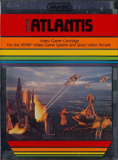Atlantis retro Atari 2600 video game featuring arcade defense gameplay, futuristic city battles, alien attacks and classic Atari action - front cover