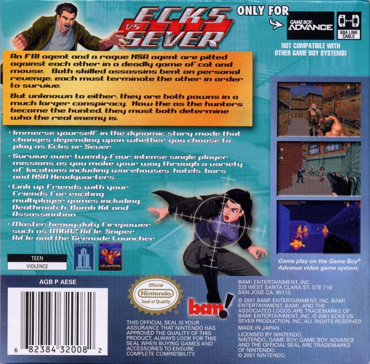 Ecks vs Sever Game Boy Advance GBA video game featuring first person shooter gameplay tactical combat weapon action enemy encounters mission based gameplay stealth objectives and action packed levels classic handheld gaming retro video game collection collectible gaming appeal back cover art 