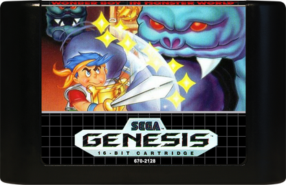 Wonder Boy in Monster World Sega Genesis GEN for retro video game enthusiasts featuring action role playing platforming gameplay fantasy world exploration sword combat character progression memorable dungeons colorful 16 bit adventure and collectible gaming appeal cartridge