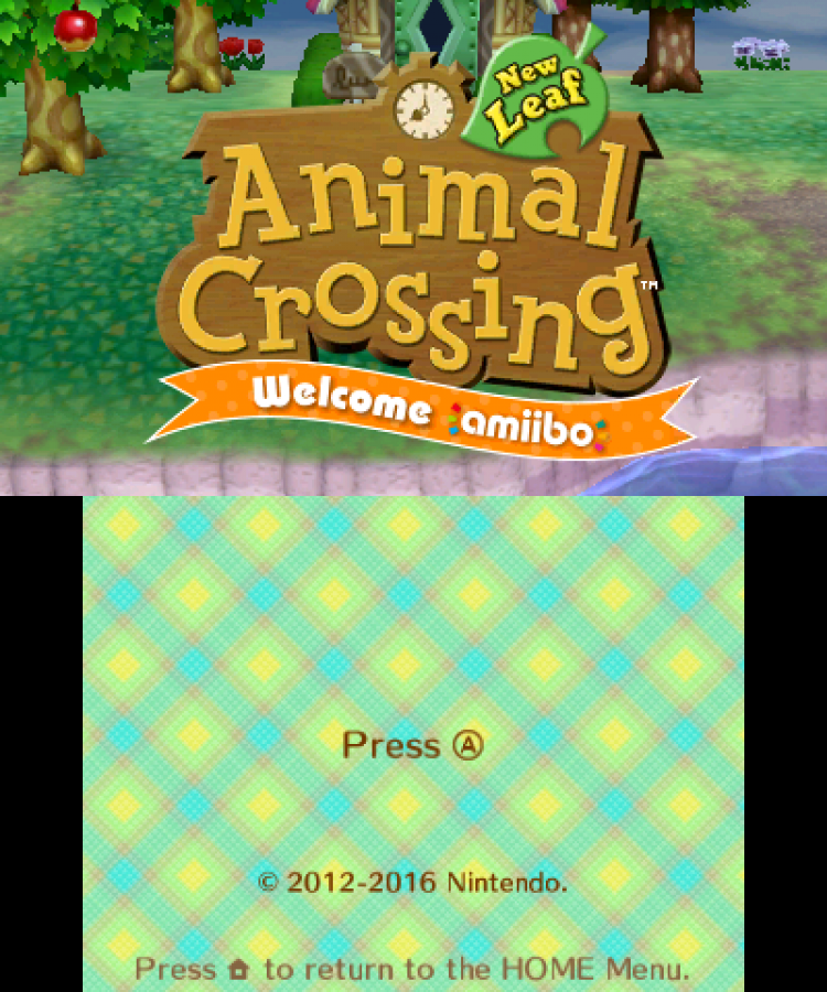 Animal Crossing: New Leaf Welcome Amiibo [Nintendo Selects] title screen for Nintendo 3DS video game, life simulation, village building, collectible Amiibo support, handheld console title