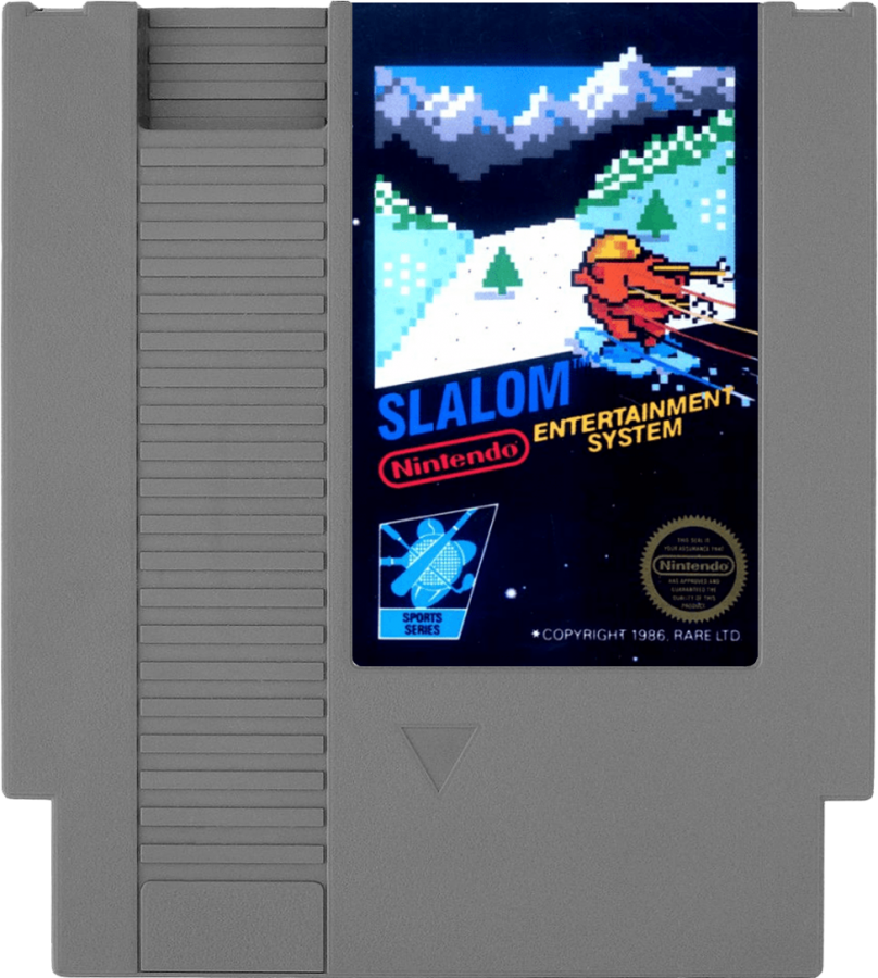 Slalom Nintendo Entertainment System NES for retro video game enthusiasts featuring alpine skiing gameplay downhill racing challenges slalom course navigation fast paced winter sports action responsive controls classic arcade style competition and collectible gaming appeal cart