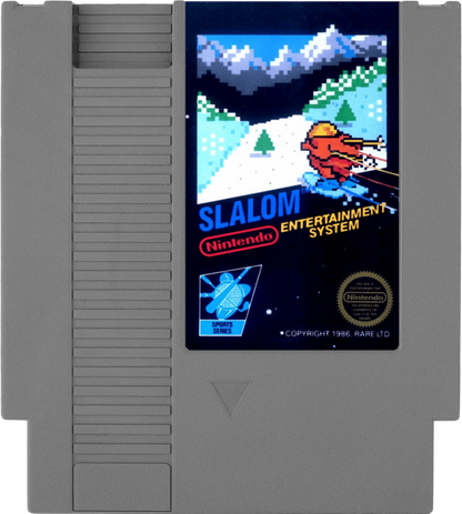 Slalom Nintendo Entertainment System NES for retro video game enthusiasts featuring alpine skiing gameplay downhill racing challenges slalom course navigation fast paced winter sports action responsive controls classic arcade style competition and collectible gaming appeal cart