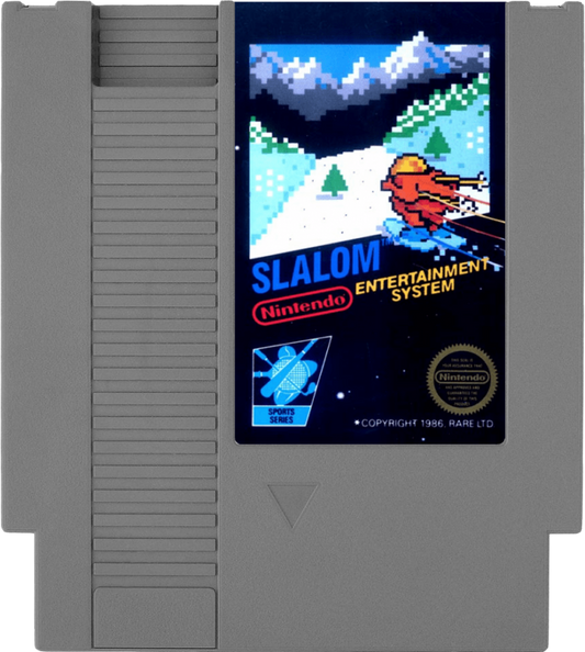 Slalom Nintendo Entertainment System NES for retro video game enthusiasts featuring alpine skiing gameplay downhill racing challenges slalom course navigation fast paced winter sports action responsive controls classic arcade style competition and collectible gaming appeal cart