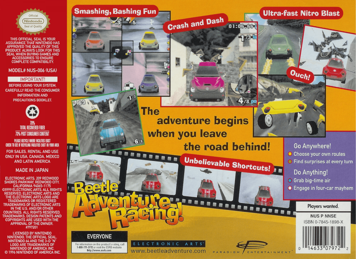 Beetle Adventure Racing back cover art for Nintendo 64 (N64) video game