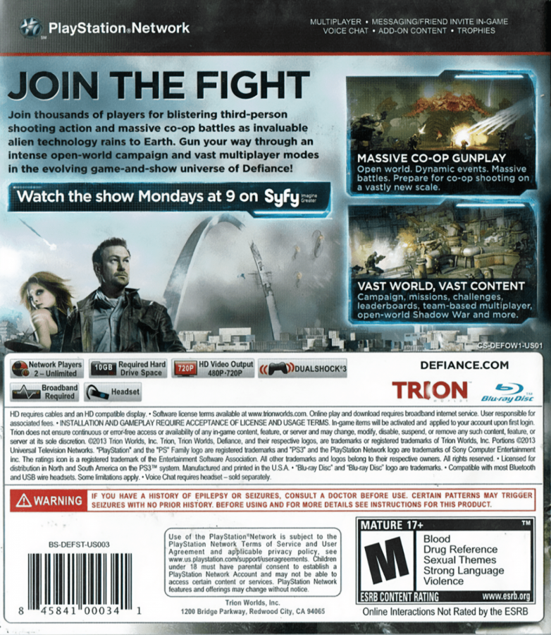 Defiance back cover art for PlayStation 3 PS3 video game