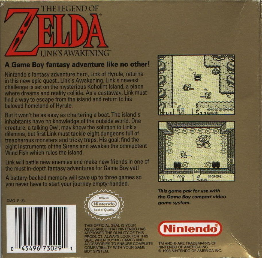 The Legend of Zelda: Link's Awakening Nintendo Game Boy GB for action adventure retro video game fans featuring epic exploration dungeon crawling puzzle solving sword combat memorable characters fantasy island adventure classic handheld gaming collectible gaming appeal back of case